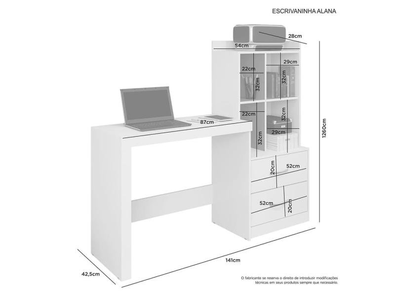 Escrivaninha 2 Gavetas Corrediça Metálica 2 Prateleiras Alana