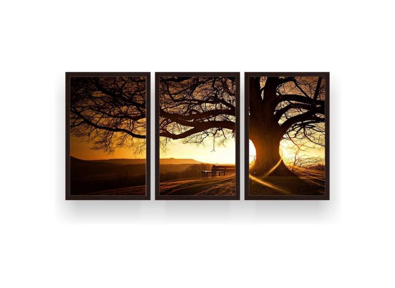 Quadro Decorativo Árvore Grande Nascer Do Sol 3p 124x60 Sala Quarto