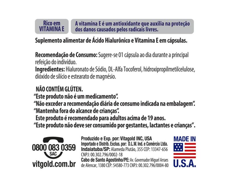 Ácido Hialurônico 100mg Vitamina E Vitgold 30 cápsulas em Promoção