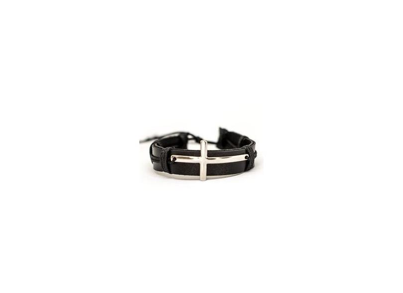 Pulseira Masculina Couro Preto Crucifixo Prata Cruz em Promoção é no