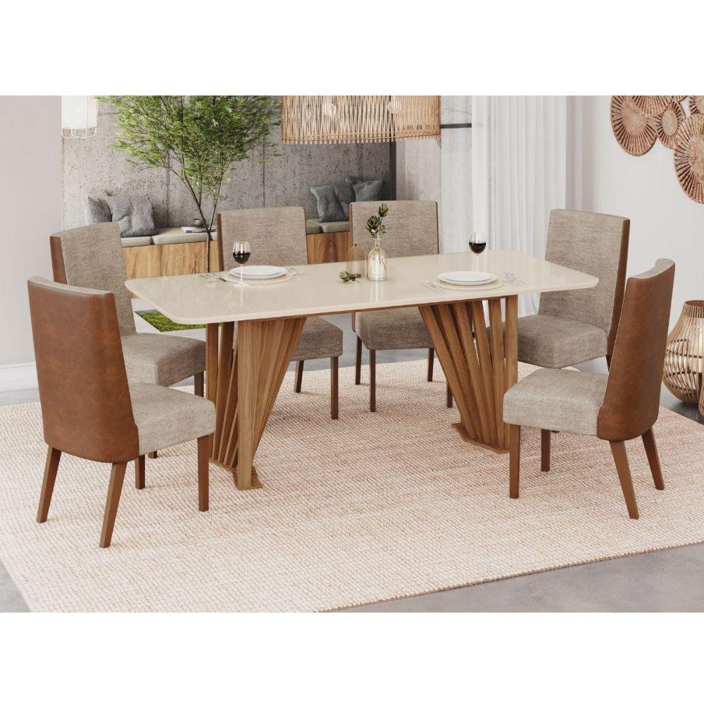 Conjunto Mesa De Jantar Henn Adriana Tampo De Vidro Com 6 Cadeiras - Nature/Off/Caramelo/Creme