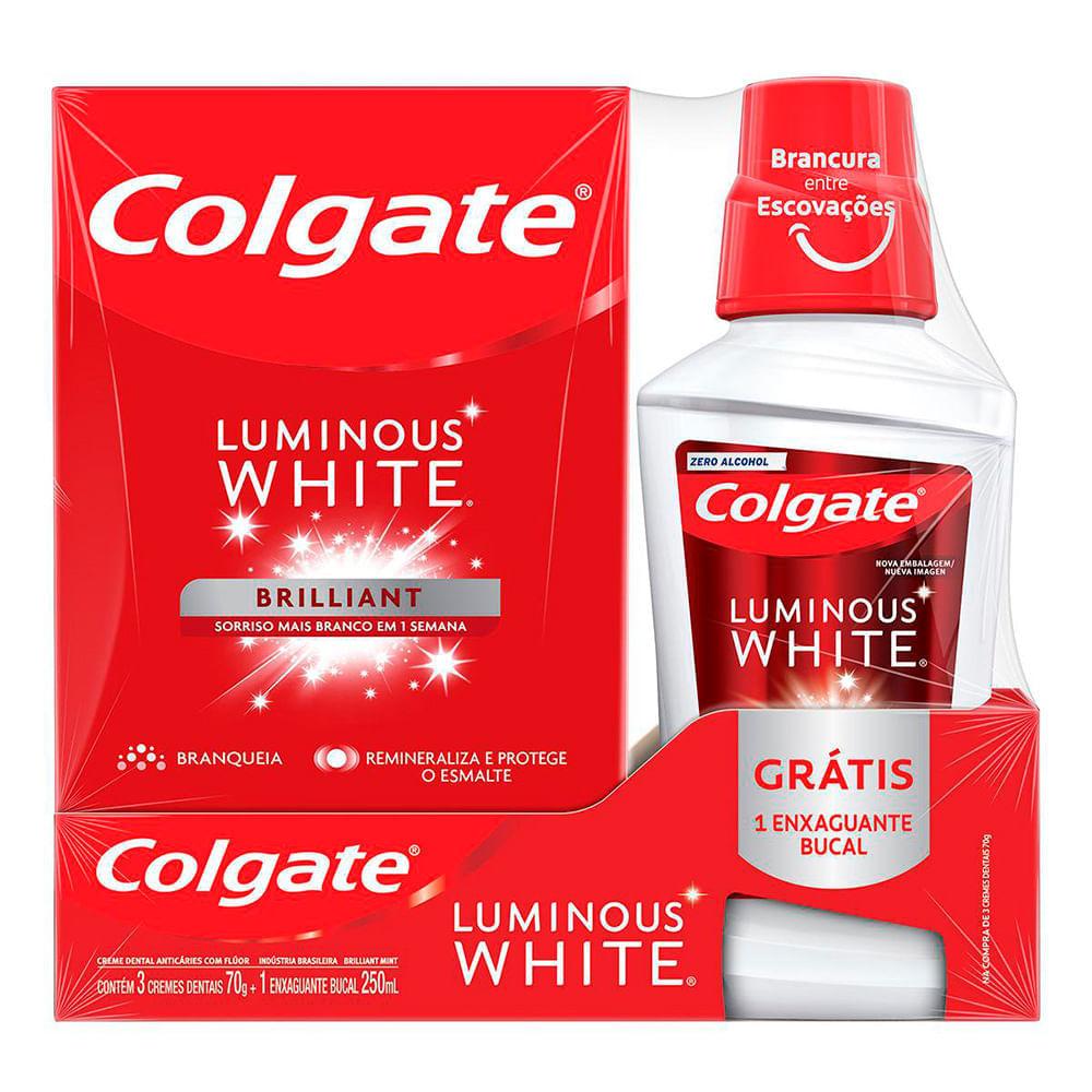 Kit Creme Dental para Clareamento Colgate Luminous White Brilliant Mint 70g 3 Unidades + Enxaguante Bucal 250ml