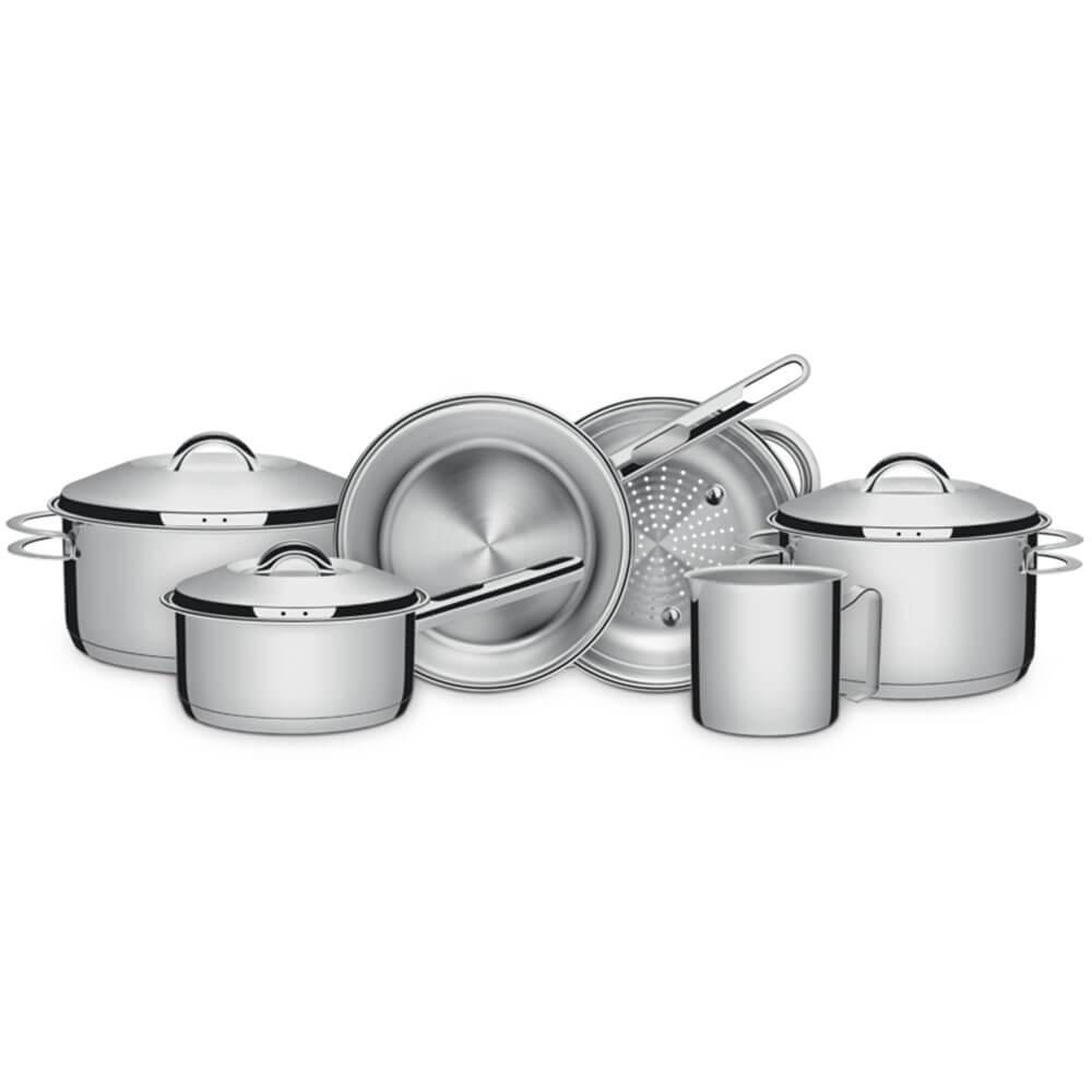 Imagem de Jogo de Panelas Tramontina Solar 6 Peças em Aço Inox com Fundo Triplo e Tampas de Inox 65510200