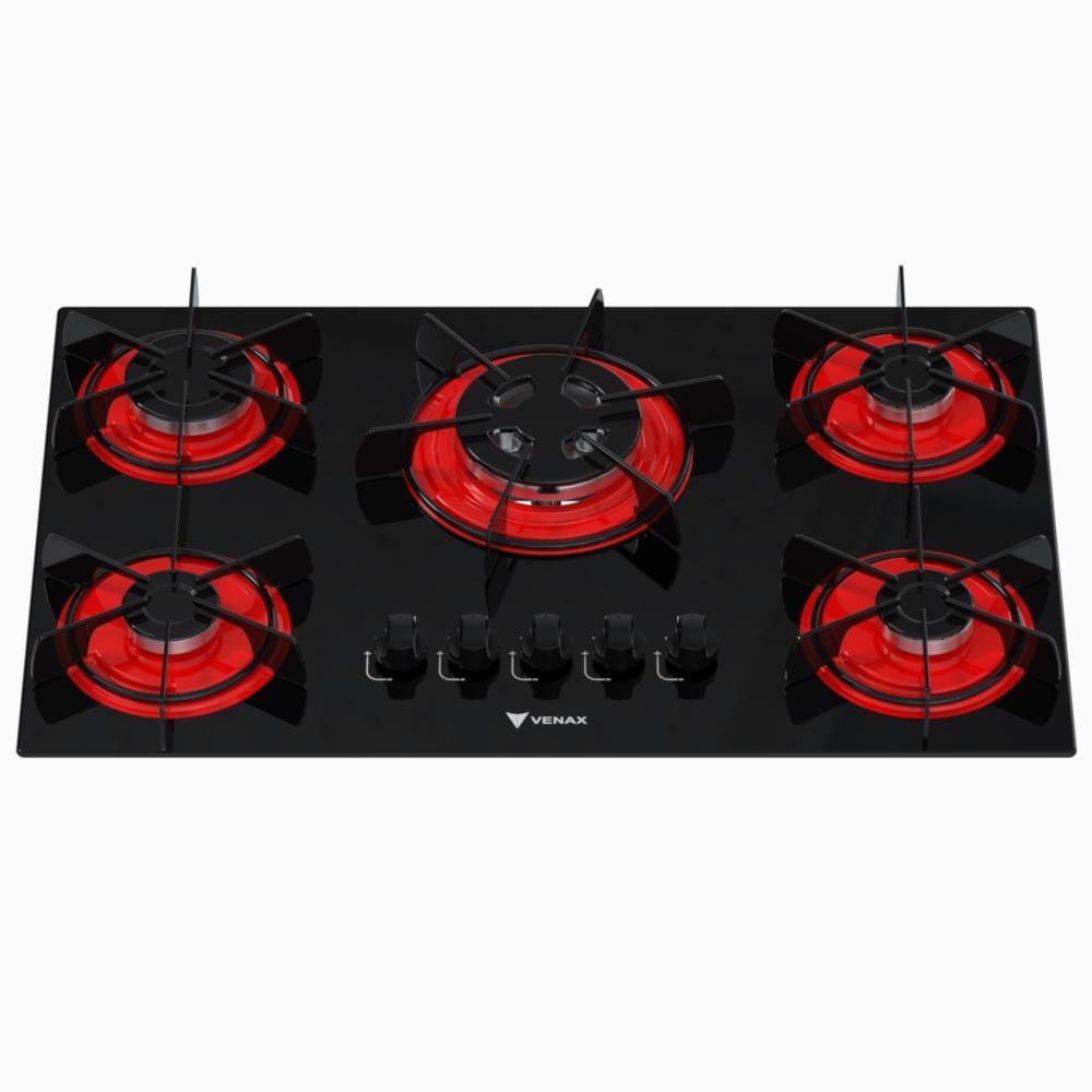 Imagem do produto Cooktop a Gas 5 Bocas Venax Arena Preto Vermelho