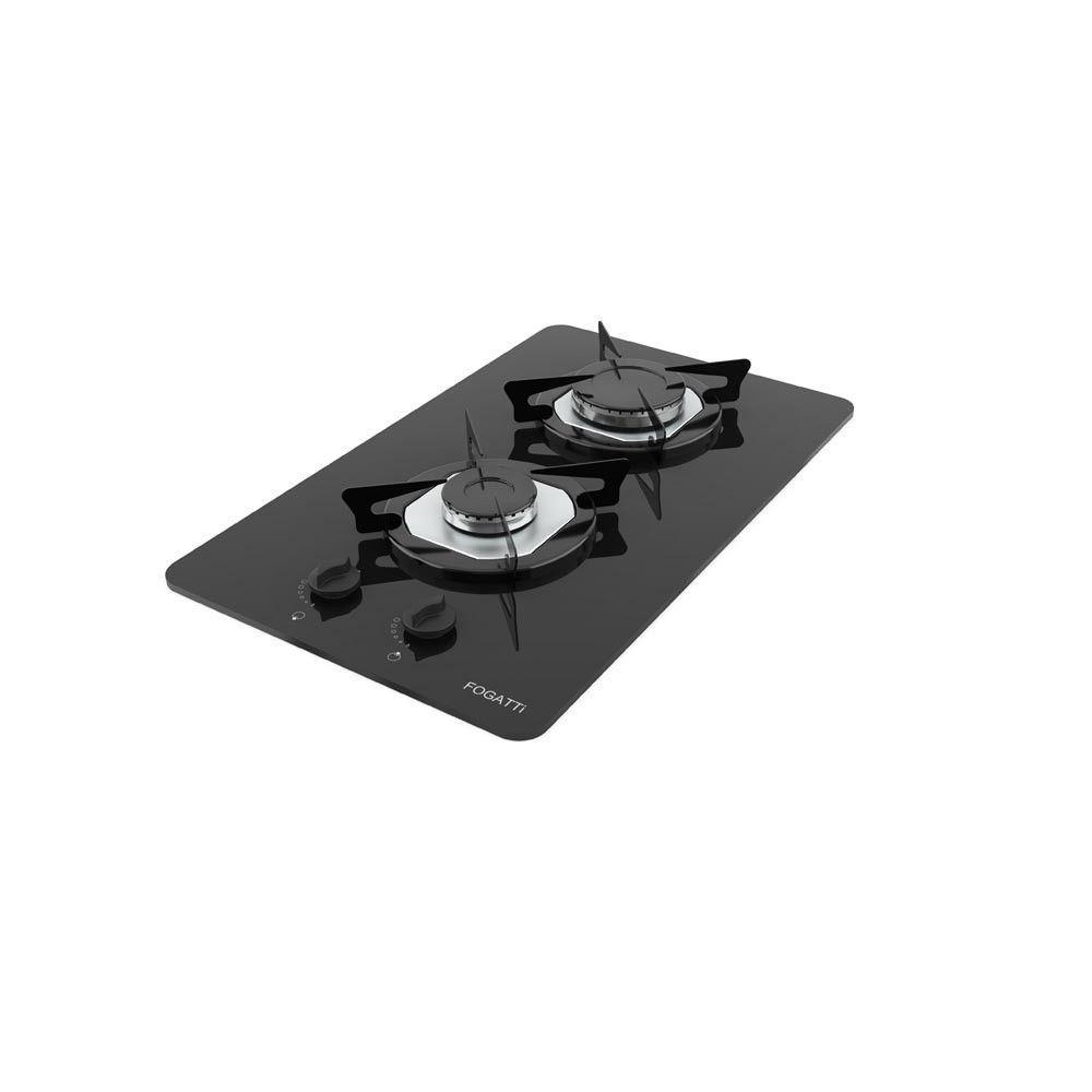 Imagem de Cooktop Fogatti à Gás Fgt 2b Vidro Preto Flange Inox Preto Bivolt