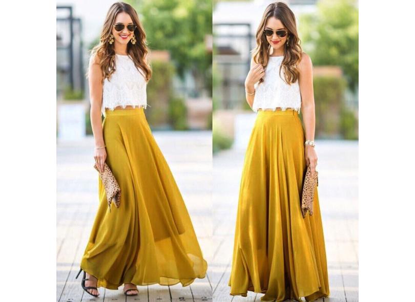 Vestido feminino de chiffon alongado cintura alta maxi skater saia