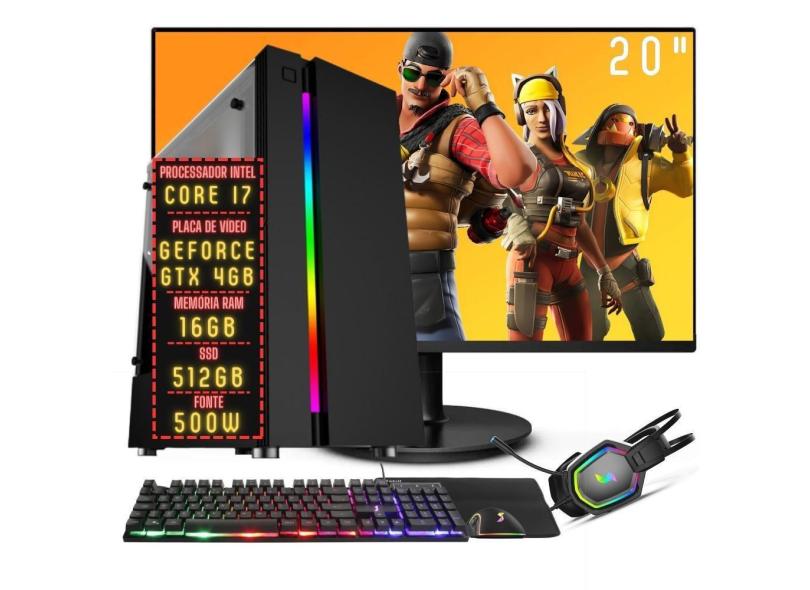 PC Gamer Completo 3green FPS Intel Core i7 16GB RAM Placa de vídeo Geforce GTX 4GB SSD 512GB Monitor 20&quot; 75Hz Fonte 500W 3GF-038