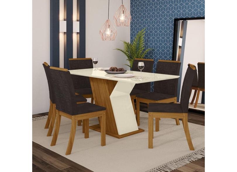 Conjunto Sala de Jantar Mesa 160 Cm Tampo MDF com Vidro 6 Cadeiras