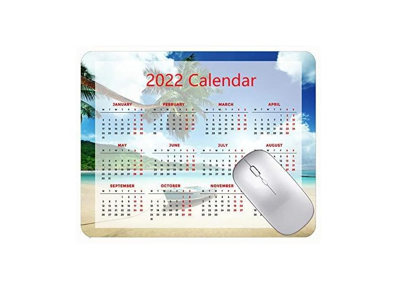 Mouse pad com calendário 2022 com feriados, tapete de mouse para jogos de palmeira, barco no mar, com bordas costuradas