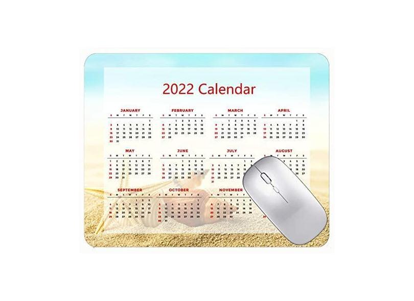 Mouse pad calendário 2022 com feriados, estrela do mar, concha de areia e mar para jogos