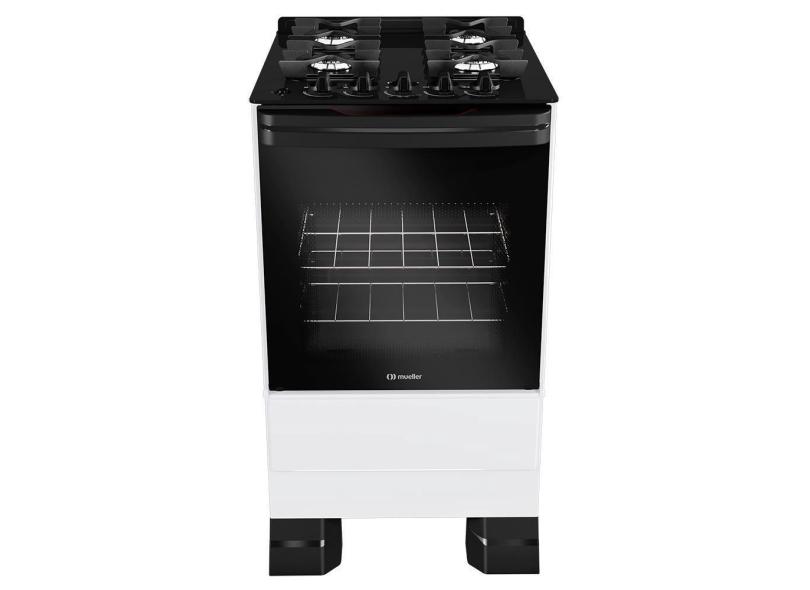 Fogão Mueller 4 bocas Branco com Mesa de Vidro e grades de ferro fundido MFV4BF