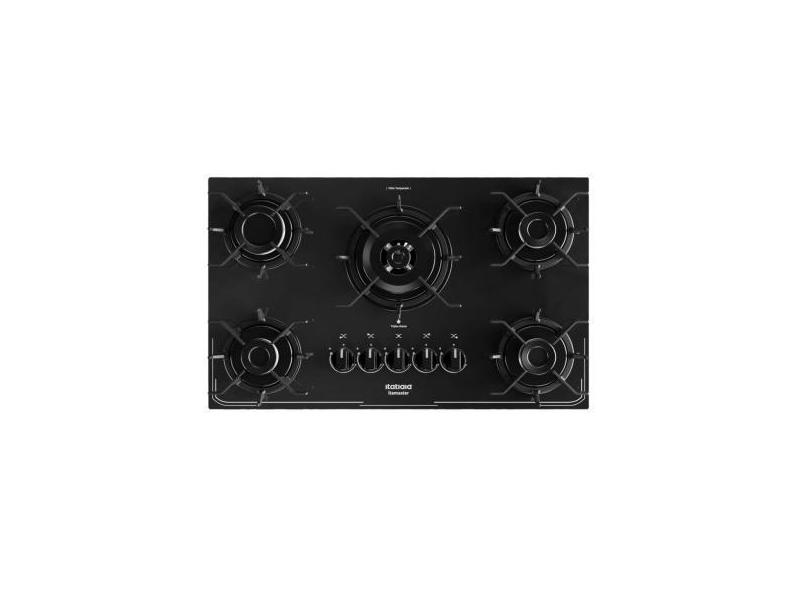 Cooktop 5 Bocas Tripla Chama Preto a Gás em Aço Inox e Trempes em Ferr