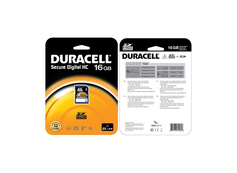 Cartão de Memória SDHC Duracell 16 GB DU-SD-16GB-R
