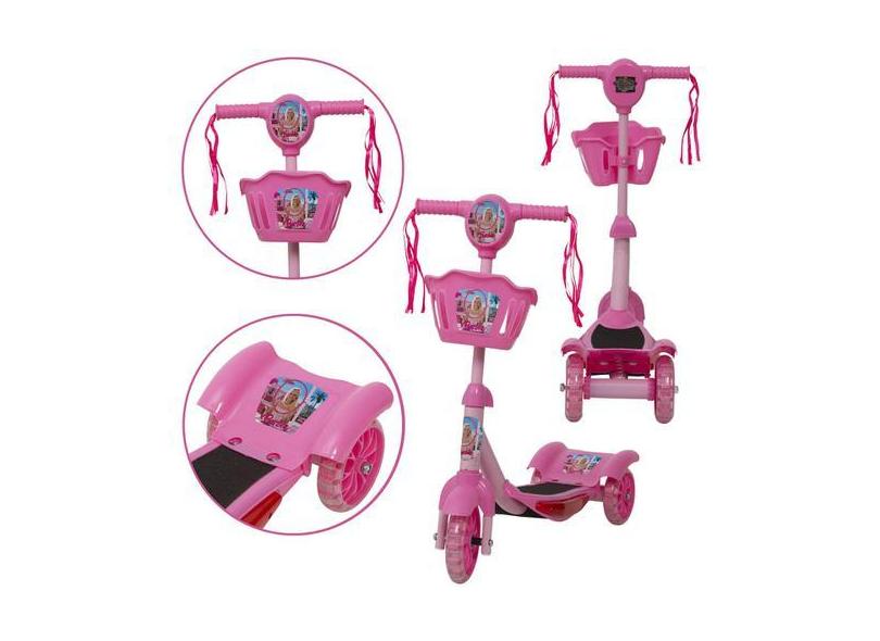 Patinete Menina Barbie Rosa Cesto Led Musical Ajusta Altura - Toys 2U