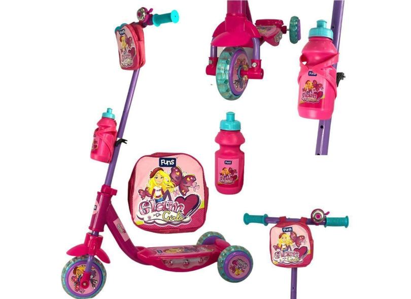 Patinete Infantil Rosa Com Garrafinha E Bolsa Led Nas Rodas