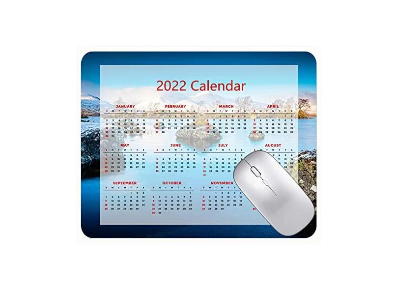 Mouse pad com calendário 2022 com feriados, pedras no lago montanhas mouse pad de borracha para neve