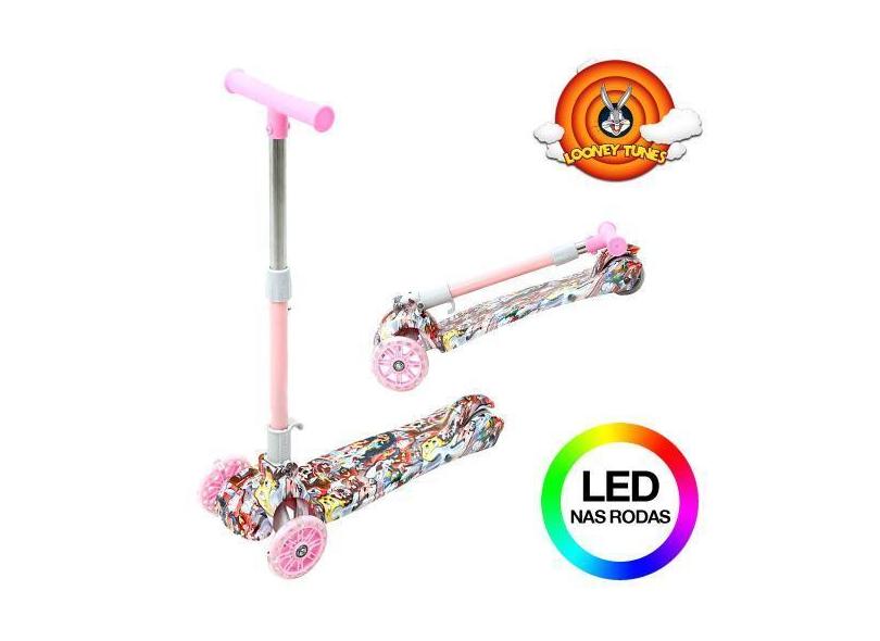 Patinete Looney Tunes Rosa Para Crianças De 3 Rodas Led - Maciel Eletr