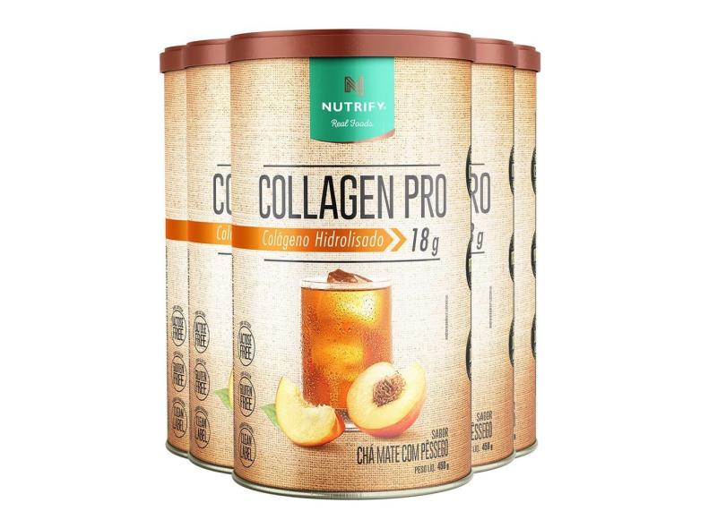 Kit 5 Collagen Pro Colágeno Hidrolisado Chá Mate com Pessêgo Nutrify 450g