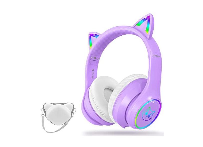 LOBKIN Fones de ouvido infantis Bluetooth 5.3 com estojo - Orelhas de gato iluminadas por LEDs RGB Suporte dobrável e ajustável para fones de ouvido sem fio ou com fio de 3,5 mm para crianças