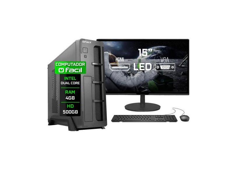 Computador Completo Fácil Slim Intel 4Gb Hd 500Gb Monitor 15" Hdmi Led