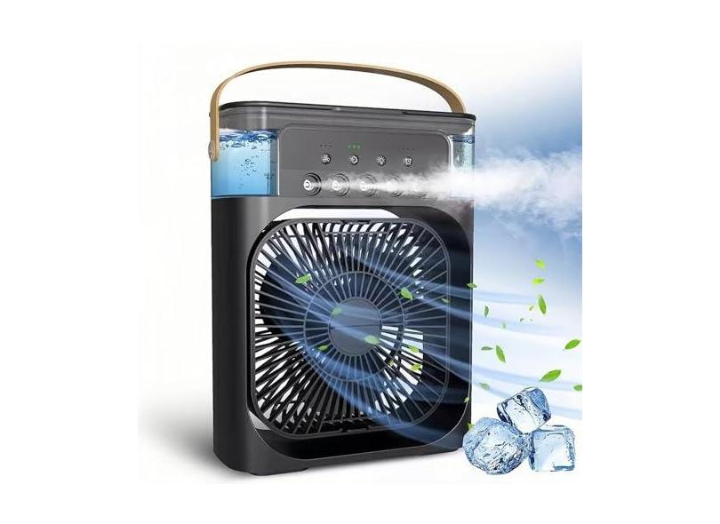 Ventilador Portátil de Mesa Mini Ar Condicionado Umidificador Climatizador com Tanque de água De 600ml, 3 Velocidades de Vento e Pulverizador de 5 Furos com Luz LED de 7 Cores (Preto)