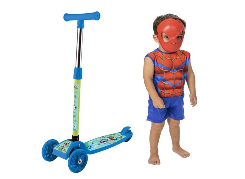 Patinete Radical Irado 3 Roda Luz Led + Roupa Homem Aranha