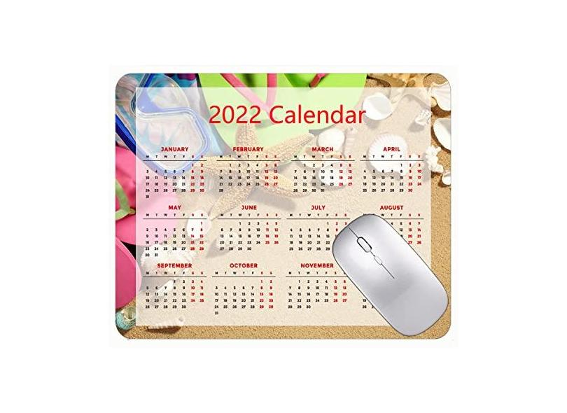 Mouse pad para jogos com calendário 2022, mouse pad para praia, estrela-do-mar, concha e areia para escritório