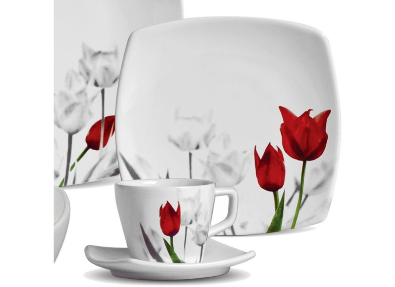 Aparelho de Jantar Quadrado de Cerâmica 30 Peças - Porto Brasil Tulipa
