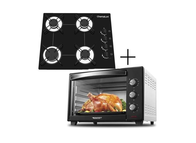 Fogão Cooktop 5 Bocas Preto + Forno De Eletrico 48 Litros - CHAMALUX, 