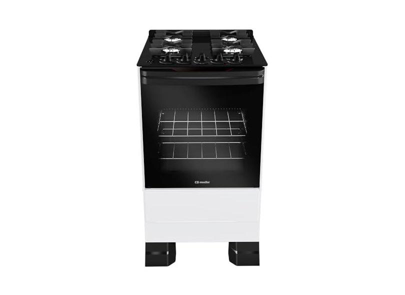 Fogão Mueller 4 bocas Branco com Mesa de Vidro e grades de ferro fundido Bivolt MFV4BF