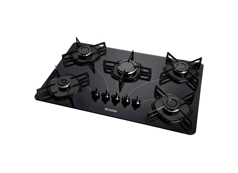Cooktop 5 Bocas A Gás Braslar Pop Com Mesa De Vidro Preto Bivolt
