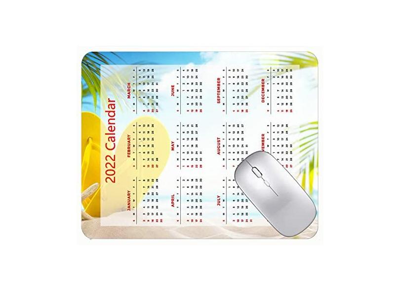 Mouse pad com calendário 2022 com bordas costuradas, preto, para jogos, praia, areia, chinelos amarelos, mouse pad para jogos com bordas costuradas