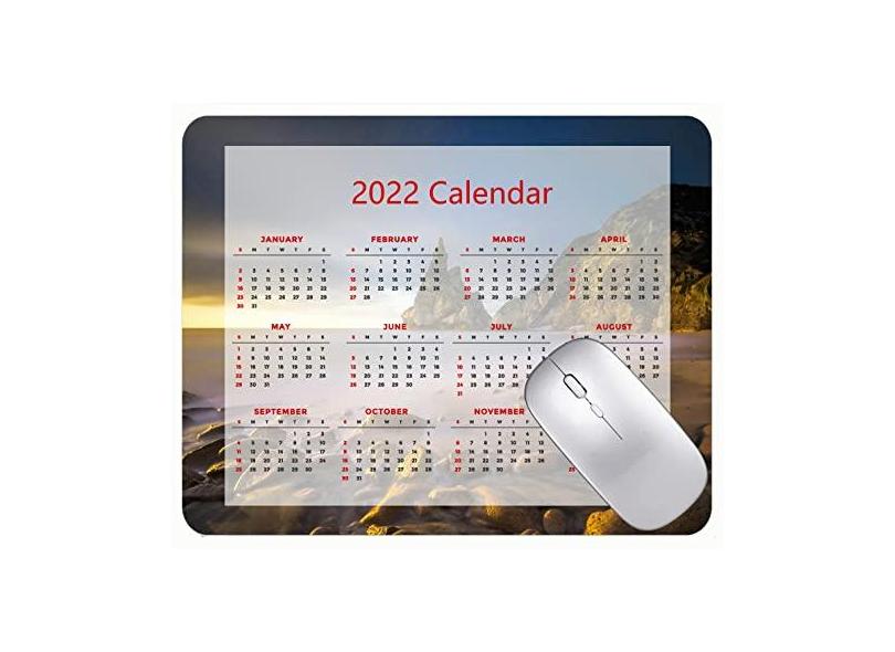 Mouse pad para jogos com calendário 2022, mouse pad para escritório, mouse pad para jogos Coast Dawn Cliff Stones com bordas costuradas