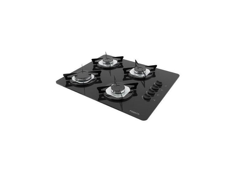 Fogão Cooktop 4 Bocas Fogatti a Gás GLP Mesa em Vidro Preto, Inox