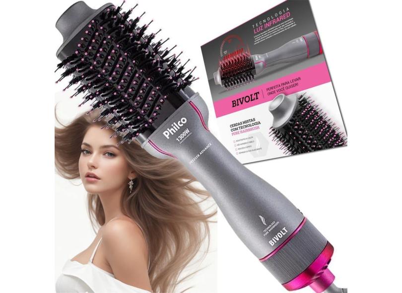 Escova Secadora Modeladora 1300w Soft PES25SR Íon Cerâmica Tourmaline Cabo Giratório Philco Seca Modela E Alisa Infrared