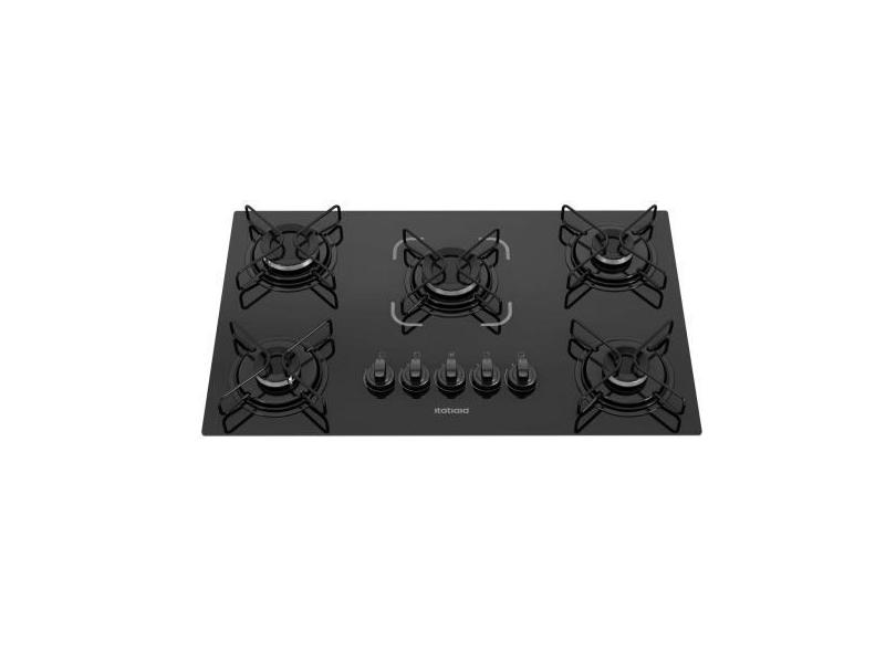 Cooktop 5 Bocas Preto a Gás em Aço Inox e Mesa Vidro Temperado Bivolt 