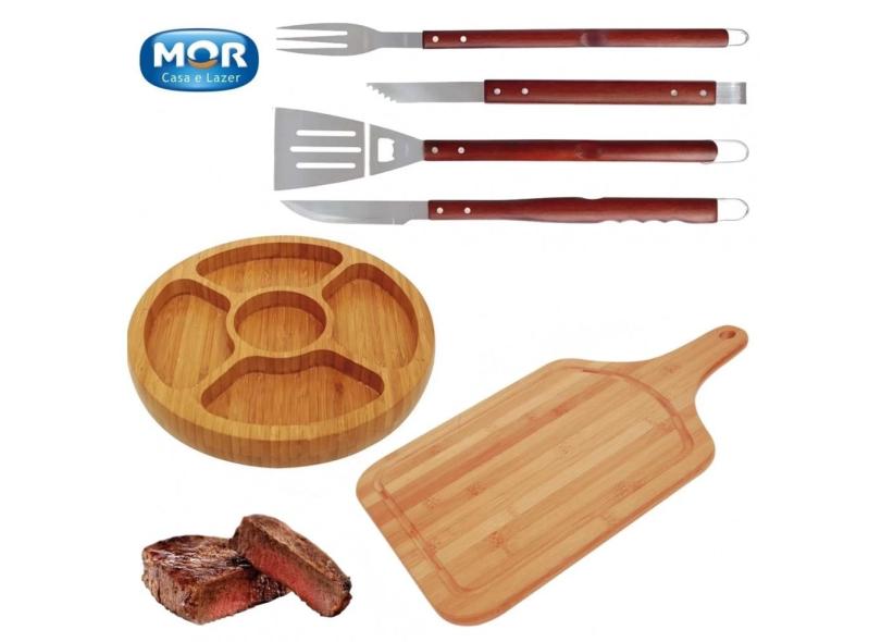 Kit Churrasco com Tabua, Bandeja, Garfo Faca Pegador e Espatula 6 Itens