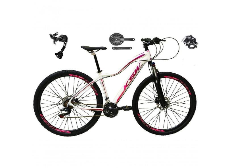 Bicicleta Aro 29 Ksw Mwza Feminina Shimano Alívio E Altus 27v F/hidráulico Garfo Trava - Branco/pink/violeta Tam.17