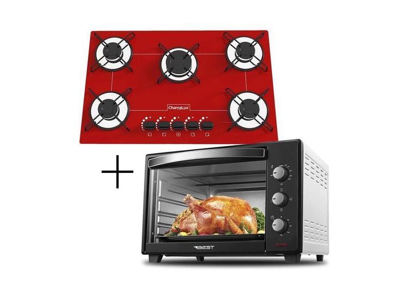 Fogão Cooktop 5 Bocas Vermelho + Forno De Eletrico 48 Litros - CHAMALU