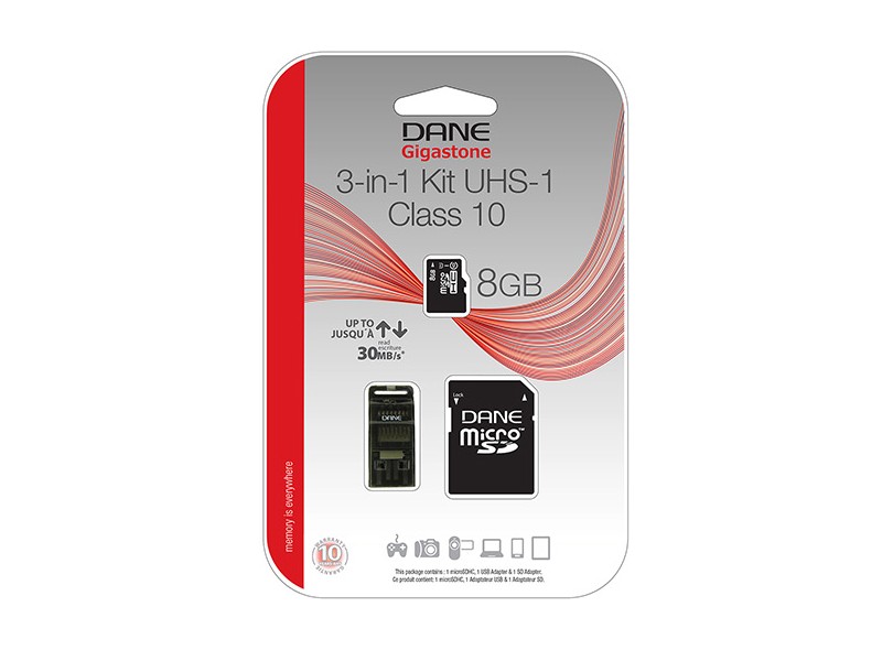 Cartão de Memória Micro SDHC com Adaptador Dane-Elec 8 GB DA-3in1C1008G-R