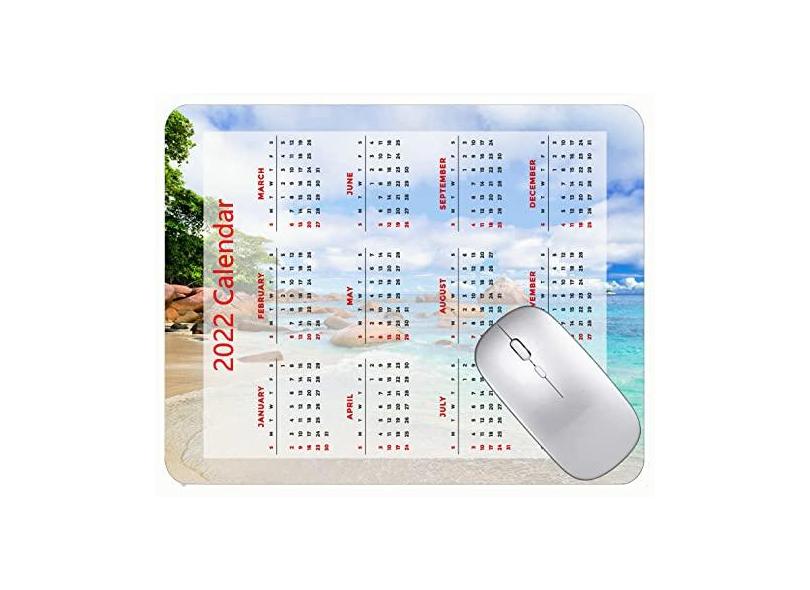 Mouse Pad 2022 Calendário com feriados, árvores tropicais da ilha mar, base de borracha antiderrapante