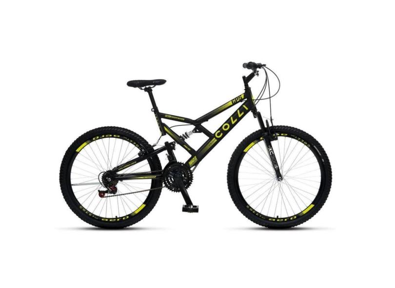 Bicicleta Dupla Suspensão Colli GPS 148 Aro 26 Aero 36 Raias 21 Marchas e Freios V-Brake - Preto/Amarelo Neon