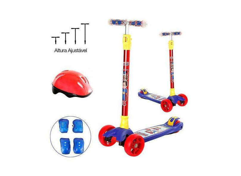 Patinete Infantil Dm Radical 4 Rodas Com Led + Kit Proteção