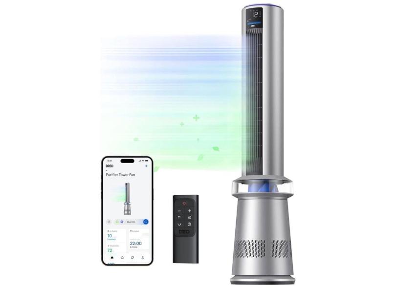 Ventilador de Torre e Purificador de Ar com Oscilação de 120°, 5 Velocidades, Baixo Ruído de 25 dB e Controle Remoto e APP, 110V, Dreo, Prata e Azul