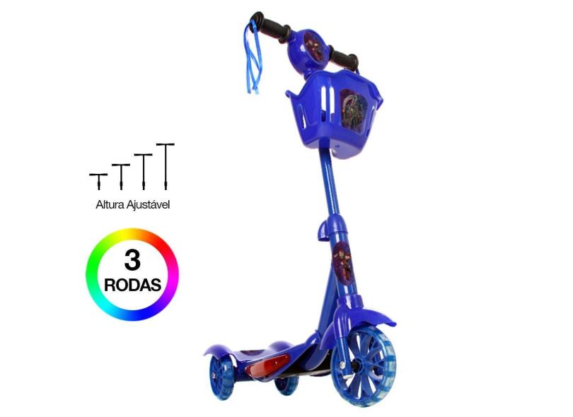 Patinete Avengers Para Crianças Scooter 3 Rodas Brinquedo Infantil De Led E Som Menino Azul Modelo Com Cestinha Art Brin