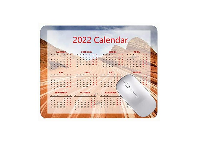 Mouse pad com calendário 2022 com bordas costuradas, preto, coiote, Buttes Canyon Cliffs, mouse pad para escritório