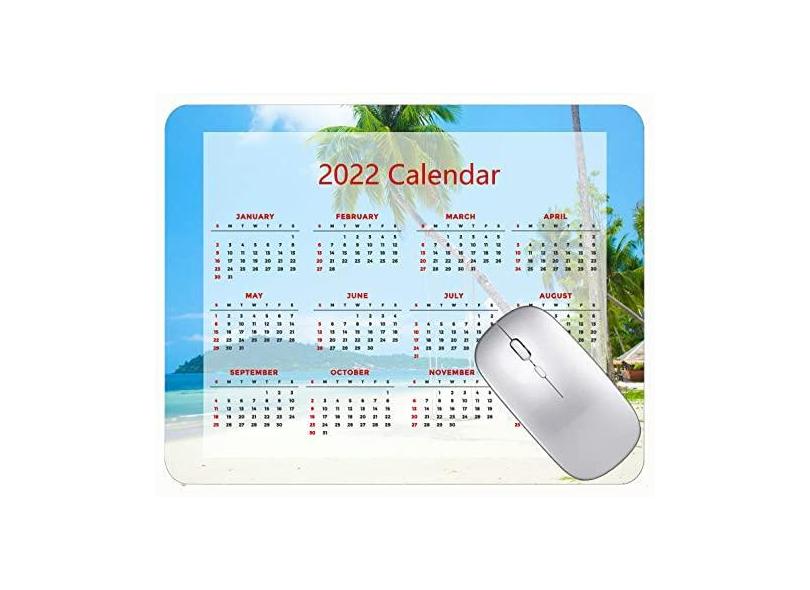 Mouse pad com calendário 2022 com feriados, palmeiras, praia, mar, tapete