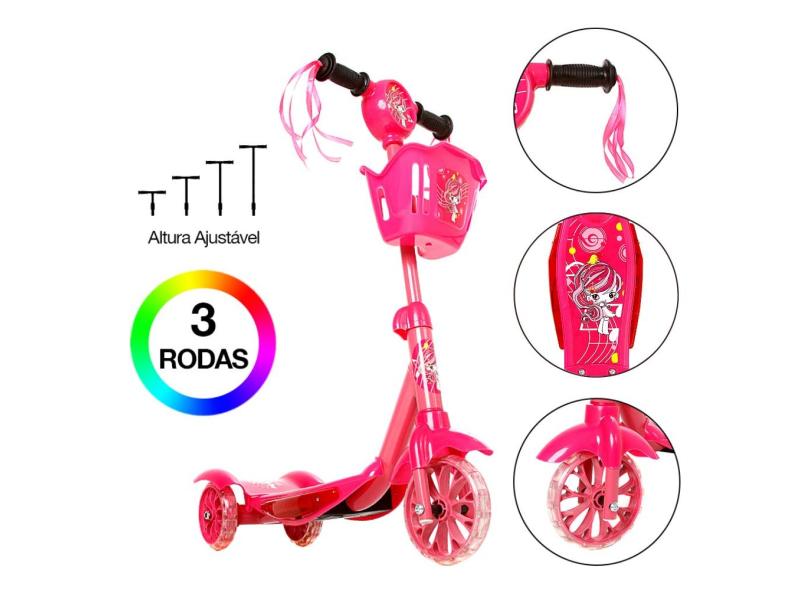 Patinete Infantil Rosa de Cestinha 3 Rodas Com Led e Som