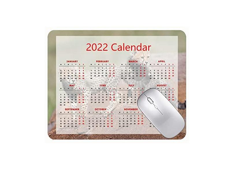 Mouse pad com calendário 2022, com feriados, dois filhotes de guepardo para jogos com bordas costuradas