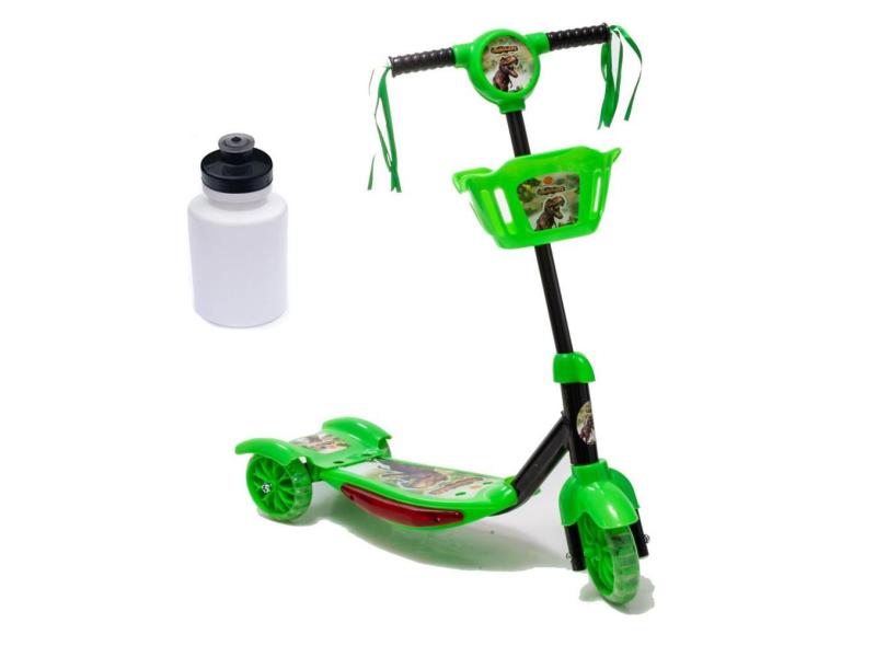 Patinete Com Cesta Dm Toys Dinossauro c/ Led e Squeeze 300ml